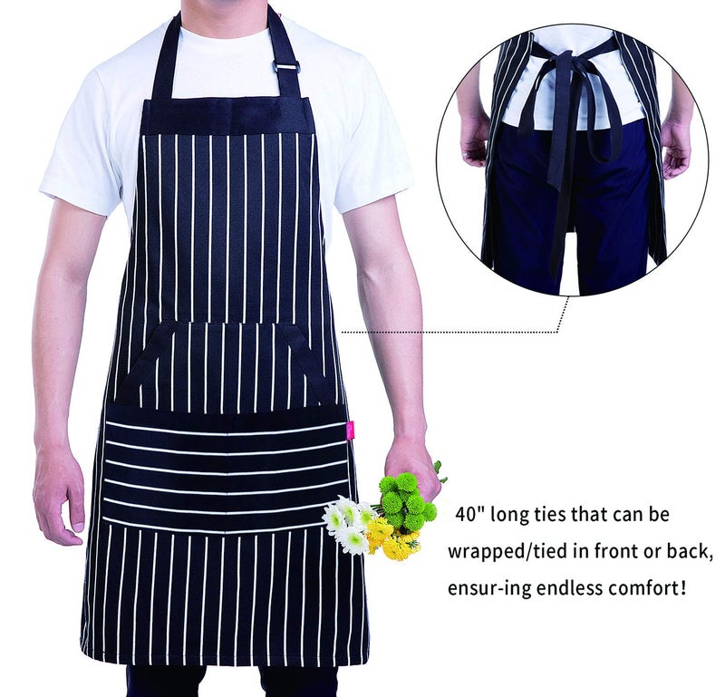 ALIPOBO Kitchen Cooking Apron for Women and Men, Adjustable Chef Bib Apron with Pockets - 32" x 28" - Black/White Pinstripe- 1 Pcs - Image 2